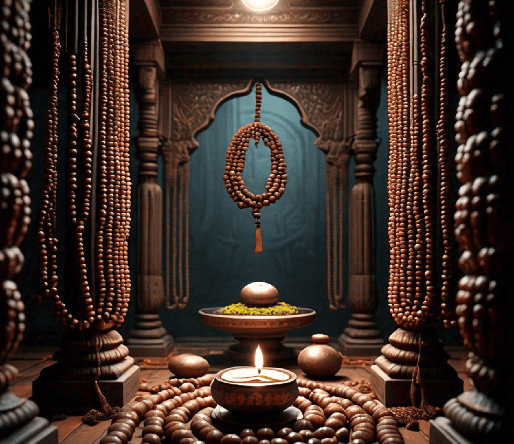 A visual representation of a sacred space adorned with Rudraksha beads, promoting a harmonious environment